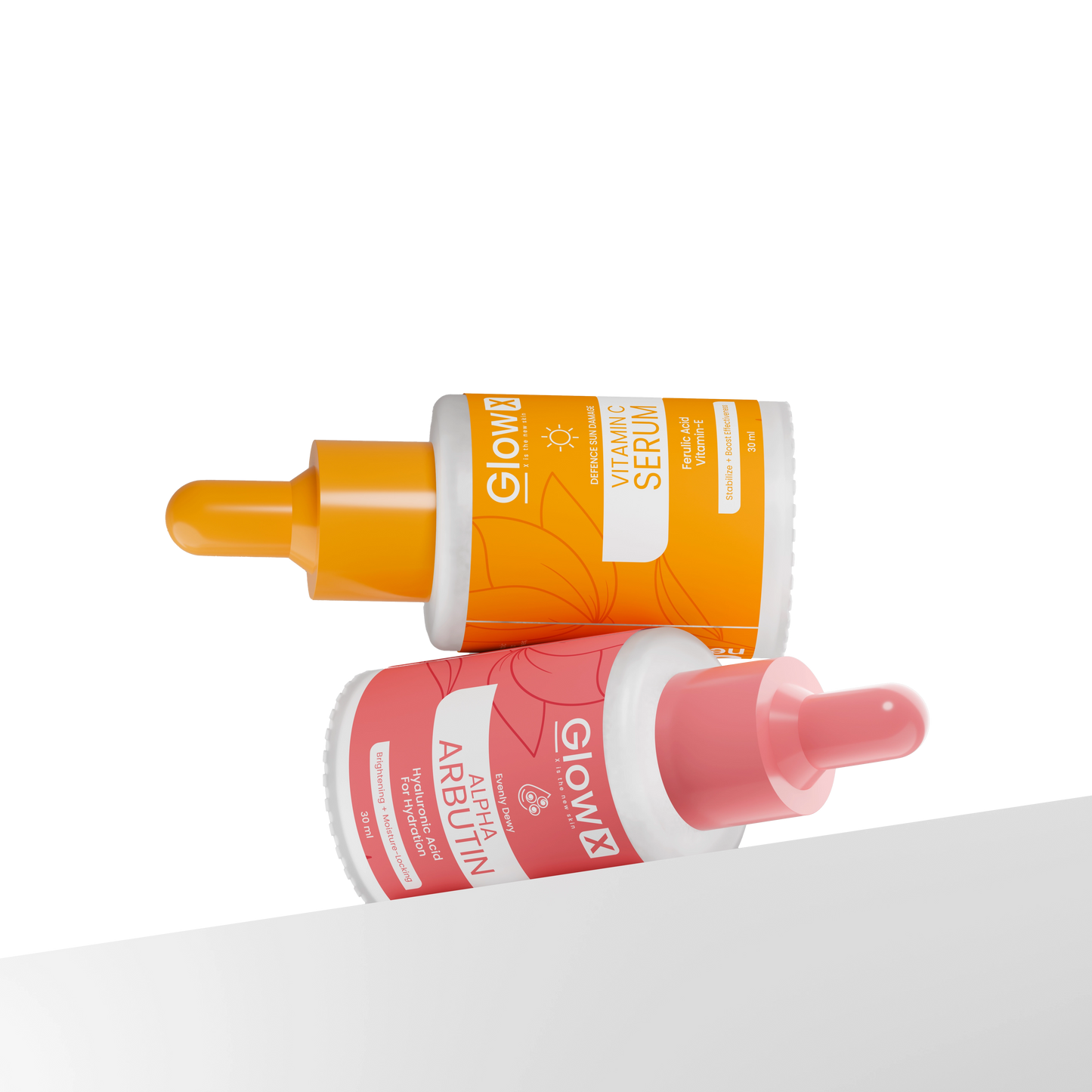 Two skincare serum bottles with orange and pink labels on a white background Glowx