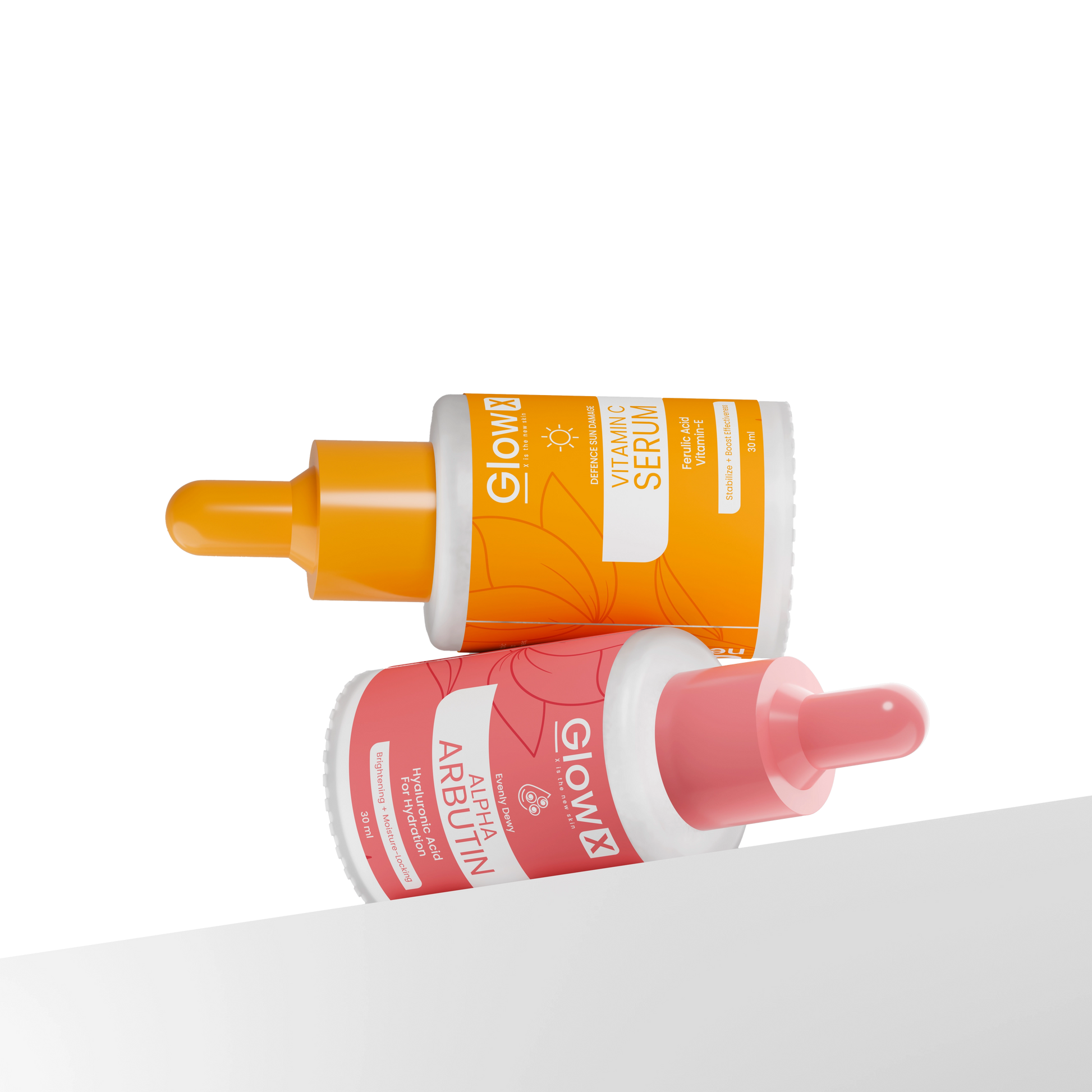 Two skincare serum bottles with orange and pink labels on a white background Glowx
