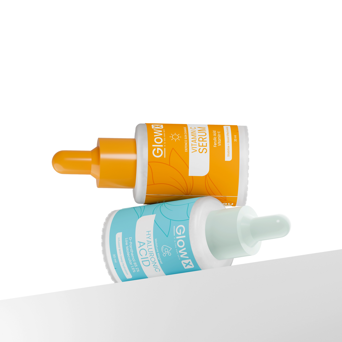 Glowx Two skincare serum bottles with orange and blue labels on a white background