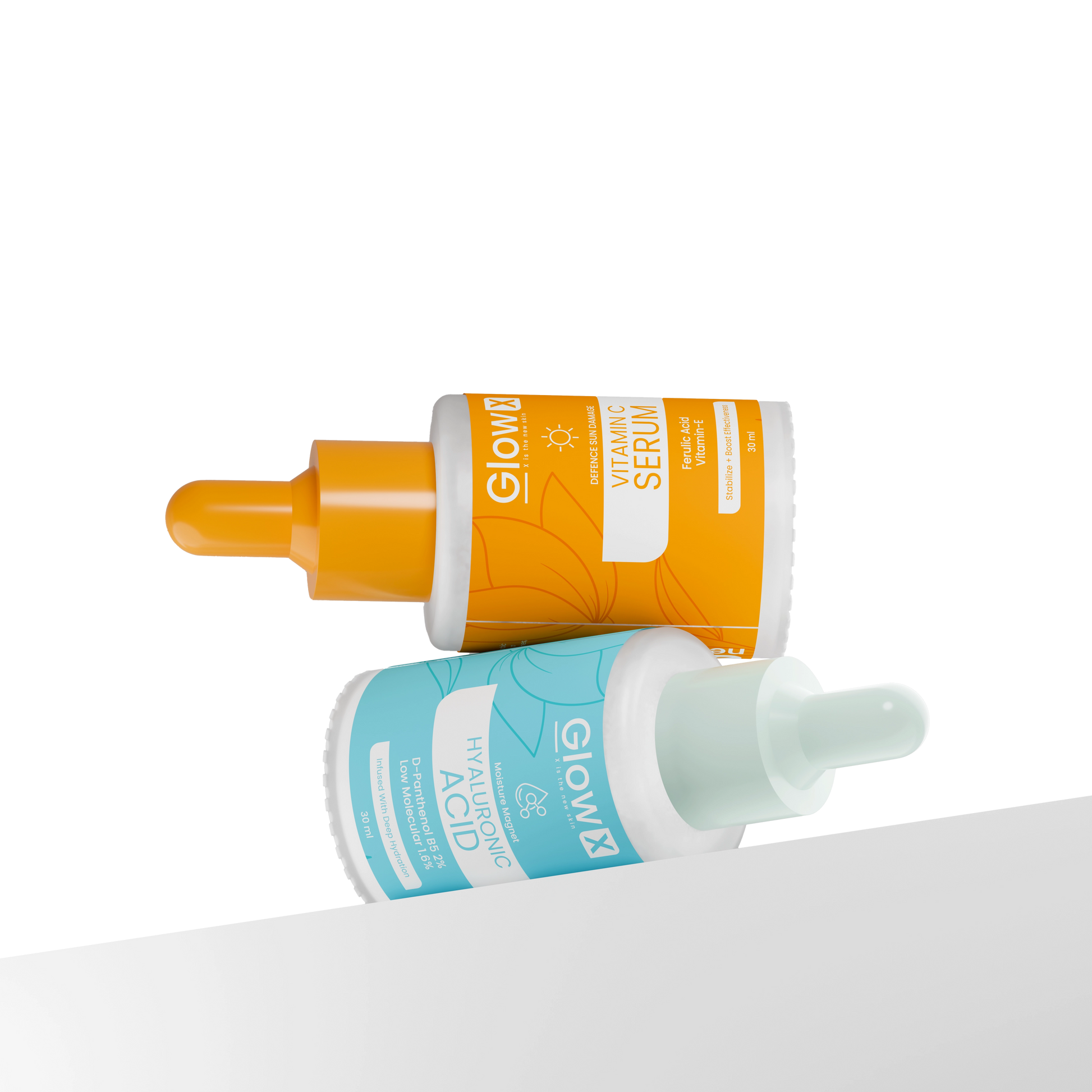 Glowx Two skincare serum bottles with orange and blue labels on a white background
