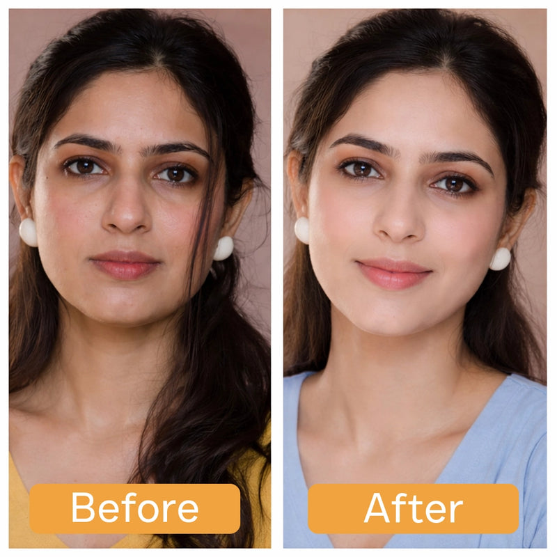 Before and after comparison of a woman's face with makeup application.