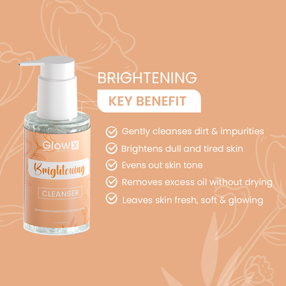 GlowX brightening cleanser bottle with key benefits on a peach background
