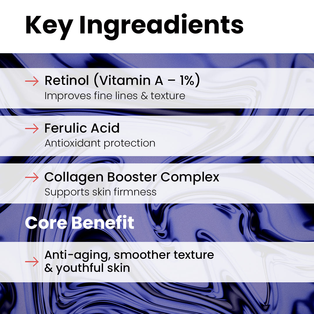 List of key ingredients and core benefit for a skincare product with a abstract blue and white background.