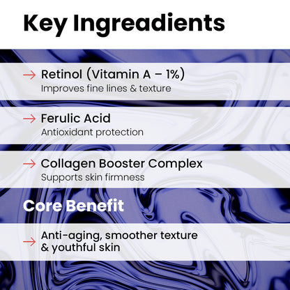 List of key ingredients and core benefit for a skincare product with a abstract blue and white background.