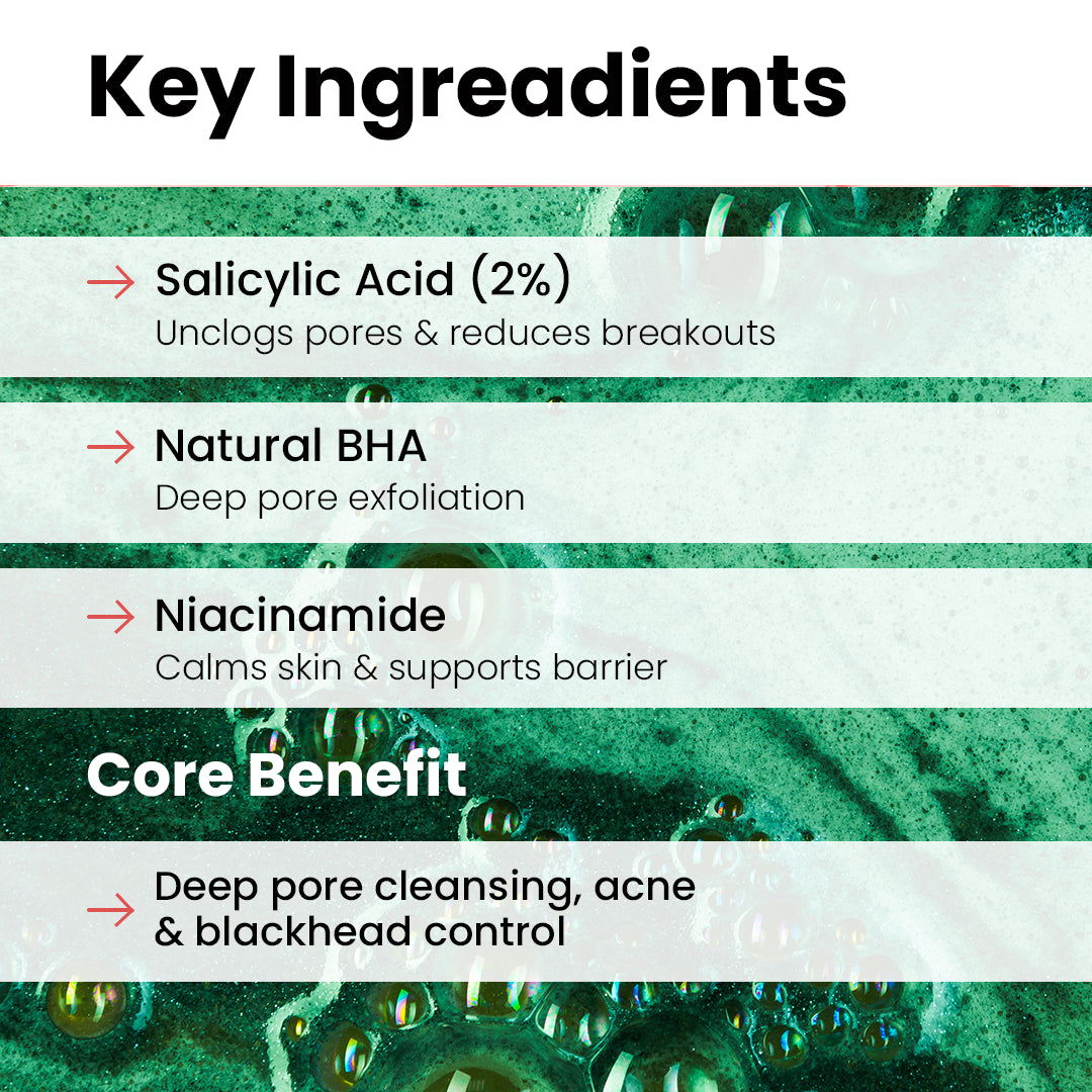 List of key ingredients and core benefit of a skincare product with a green and white background.